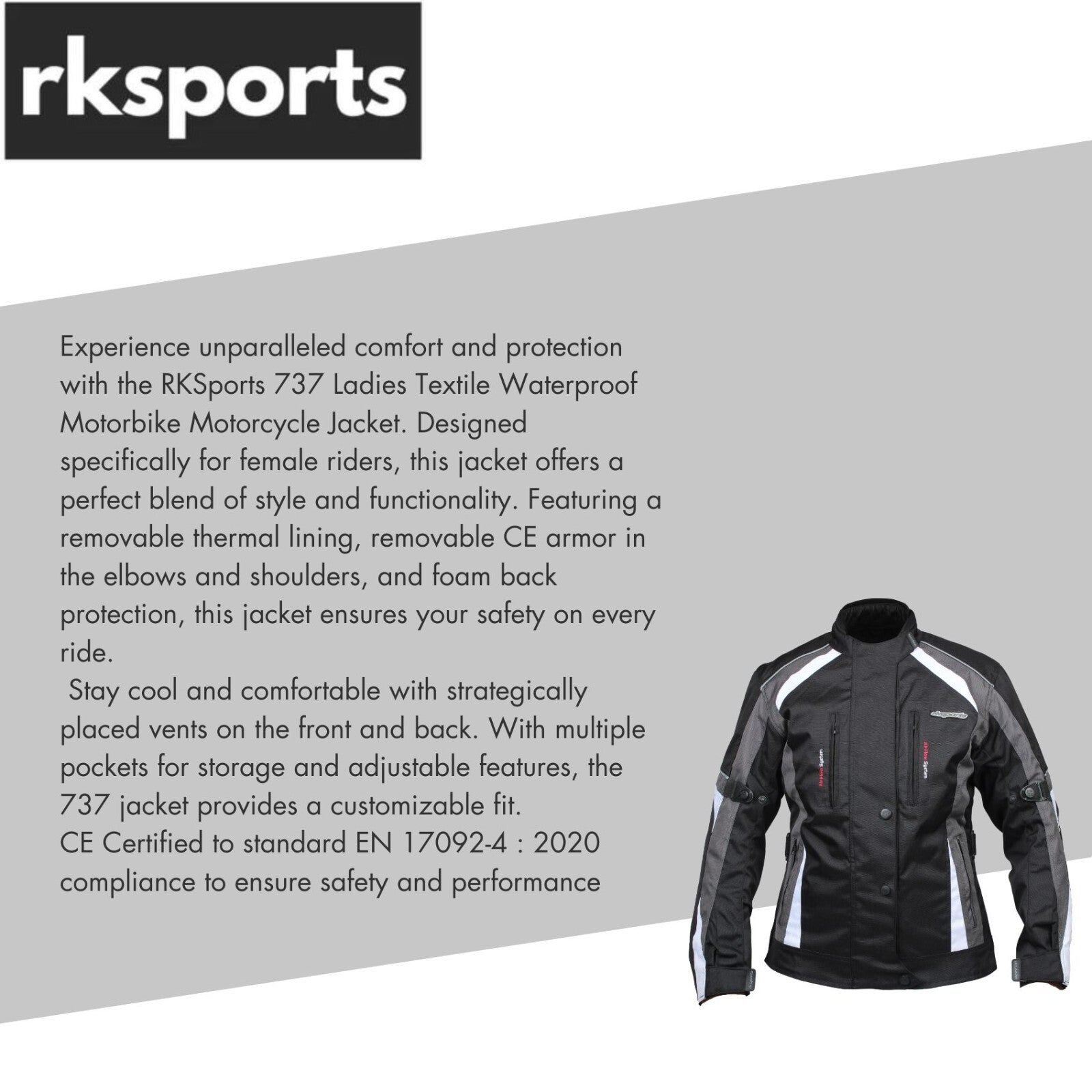 RKSports 737 LADIES TEXTILE WATERPROOF MOTORBIKE MOTORCYCLE JACKET CE ARMOUR