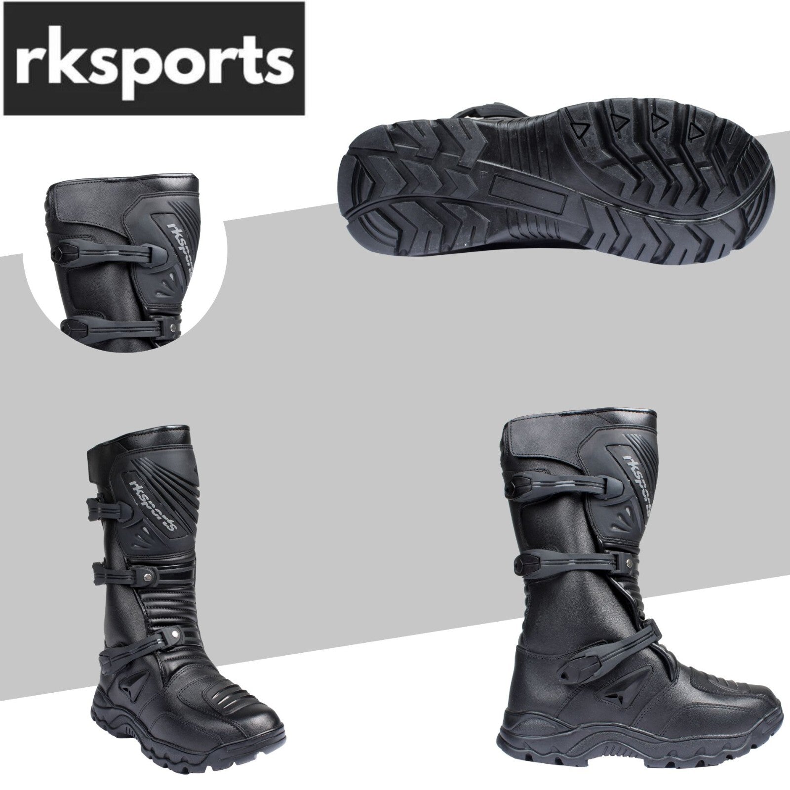 RKSPORTS  MENS MOTORCYCLE MOTORBIKE RK-16 ADVENTURE BLACK LEATHER  BOOTS