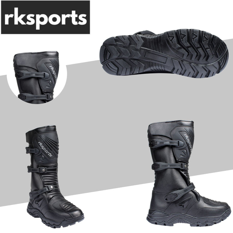RKSPORTS  MENS MOTORCYCLE MOTORBIKE RK-16 ADVENTURE BLACK LEATHER  BOOTS