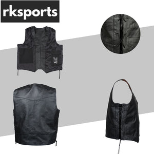 RKSPORT Biker Leather Waistcoat Black Cowhide Motorcycle Vest with Lace & Tassel