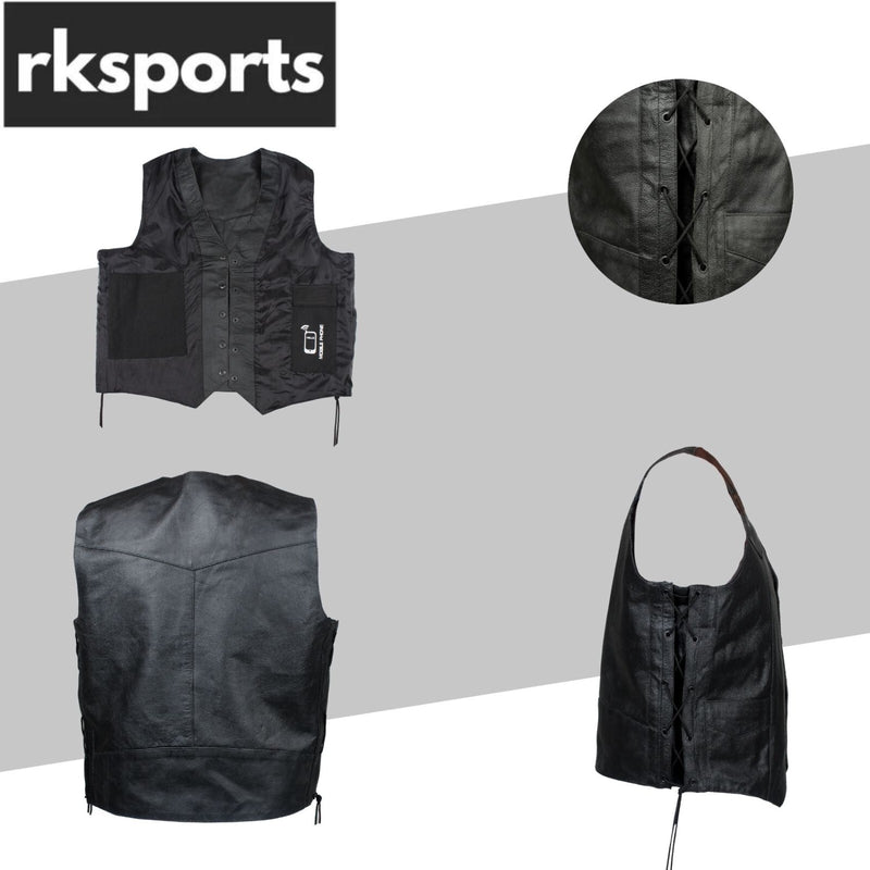 RKSPORT Biker Leather Waistcoat Black Cowhide Motorcycle Vest with Lace & Tassel