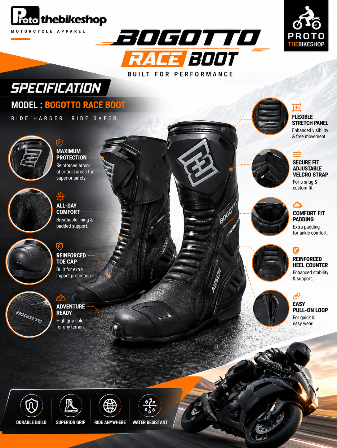 Bogotto Assen WR.20 Motorcycle Race Boots – Protective Sports Riding Boots