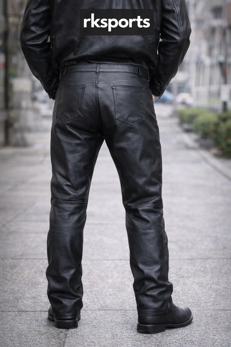 MENS BLACK LEATHER COWHIDE MOTORCYCLE MOTORBIKE JEANS TROUSERS