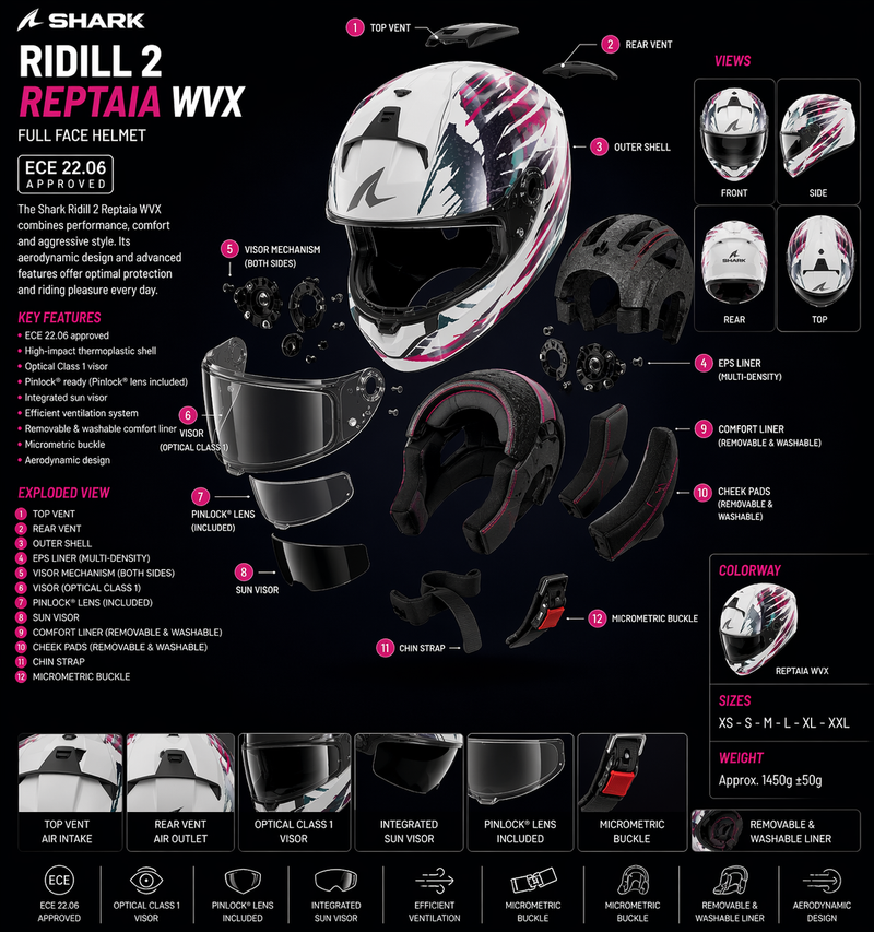 Shark Ridill 2  Reptaia WVX Motorcycle Motorbike Full Face Helmet