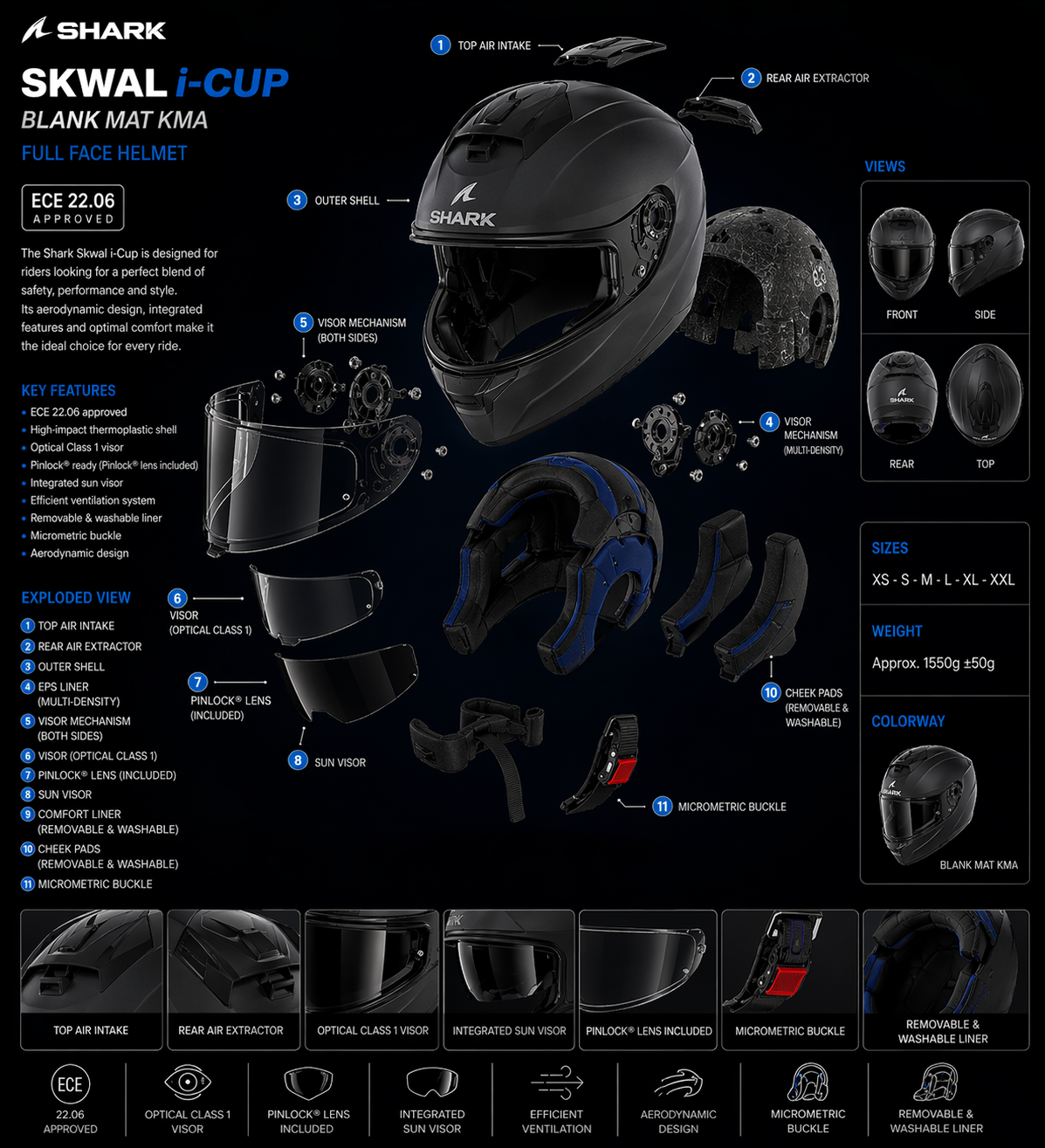 Casque moto intégral Shark Skwal I-Cup Blank Mat Kma