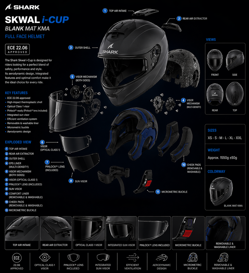Shark Skwal i-Cup - Blank MAT KMA Motorcycle Motorbike Full Face Helmet