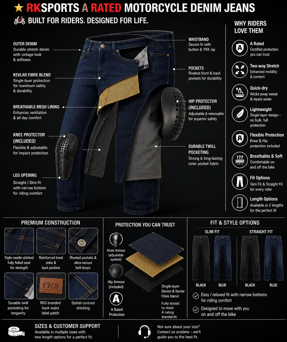 RK Sports Original CE Approved A Rated Motorcycle Black Denim Jeans – Comfortable