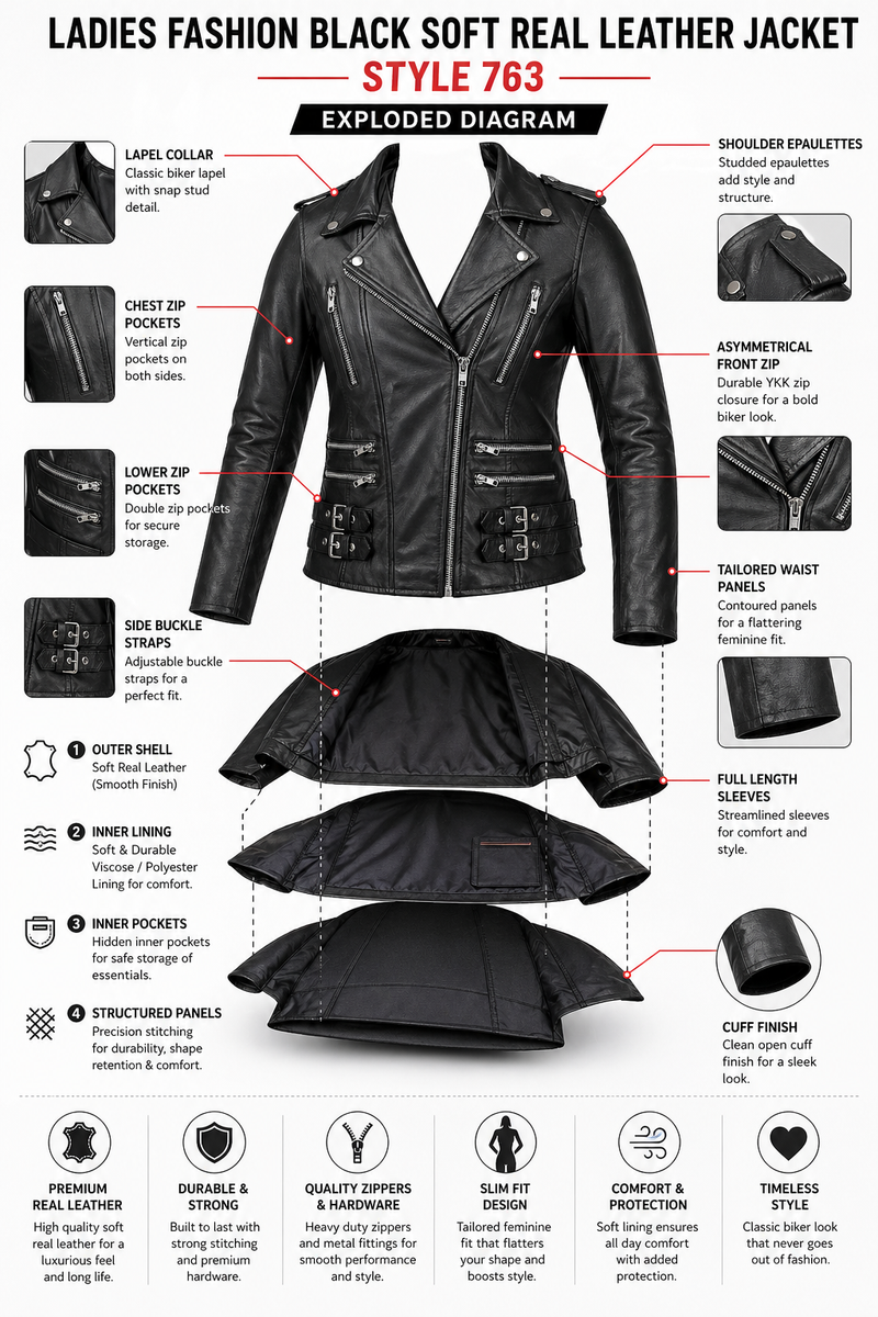 Ladies Fashion Black soft Real leather jacket Style 763