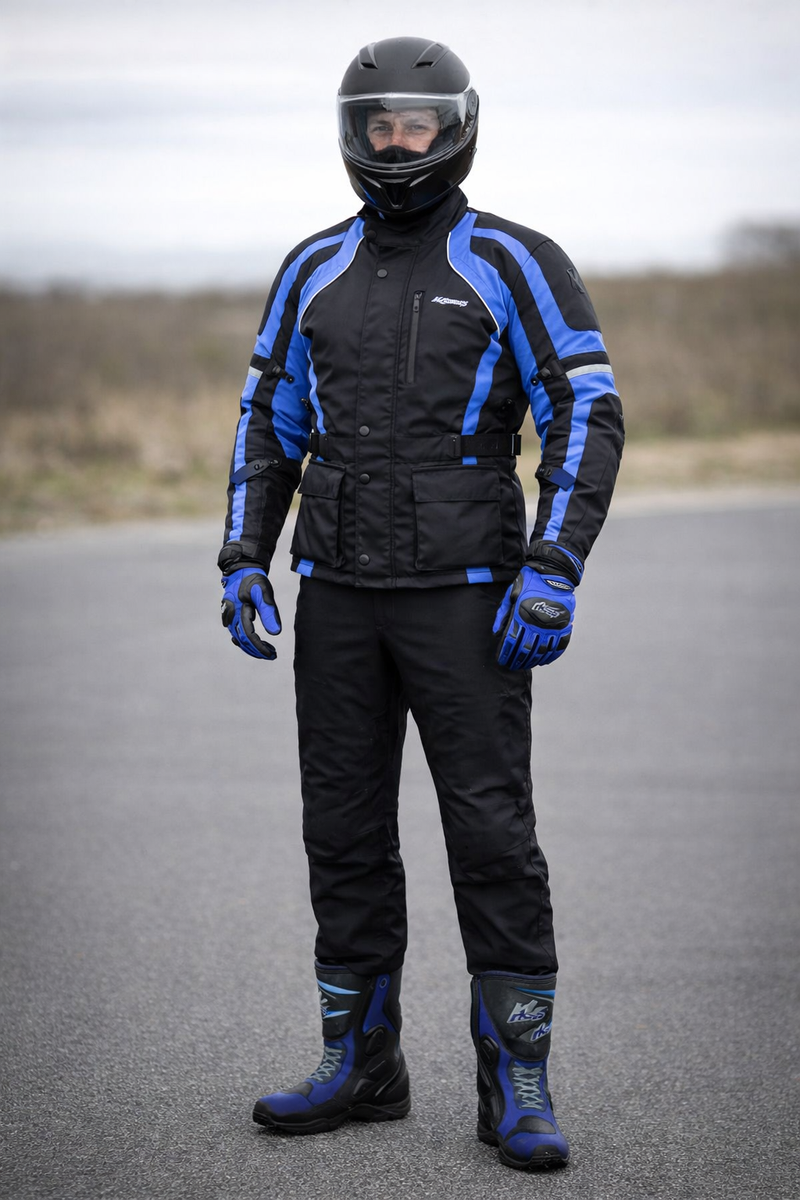 RKSports 1509 textile Motorbike Waterproof Blue Suit Gloves Trousers Jacket CE Mens