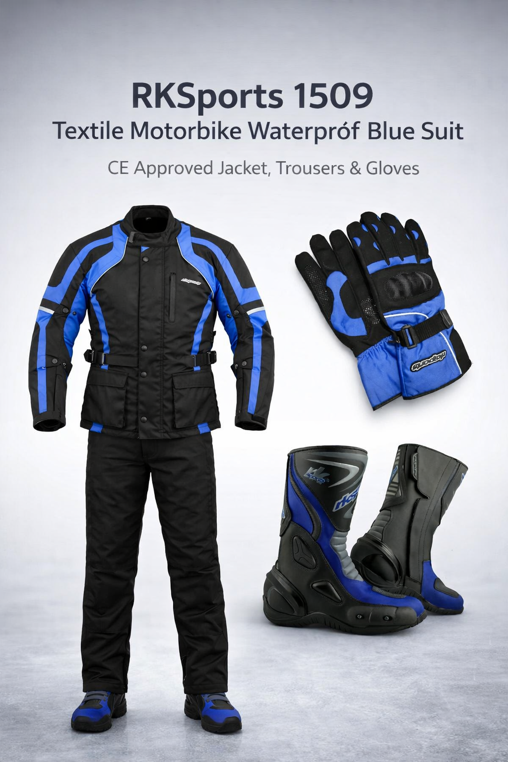 RKSports 1509 textile Motorbike Waterproof Blue Suit Gloves Trousers Jacket CE Mens