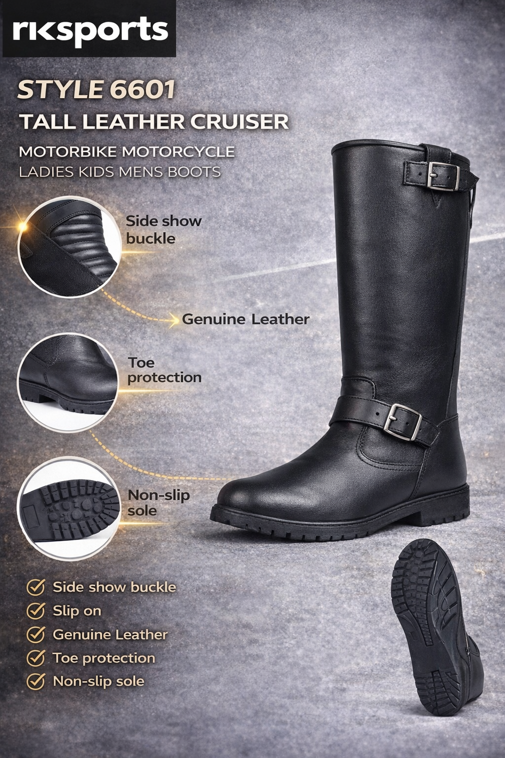 RK Sports Style 6601 Tall Cruiser Kids Motorcycle Boots