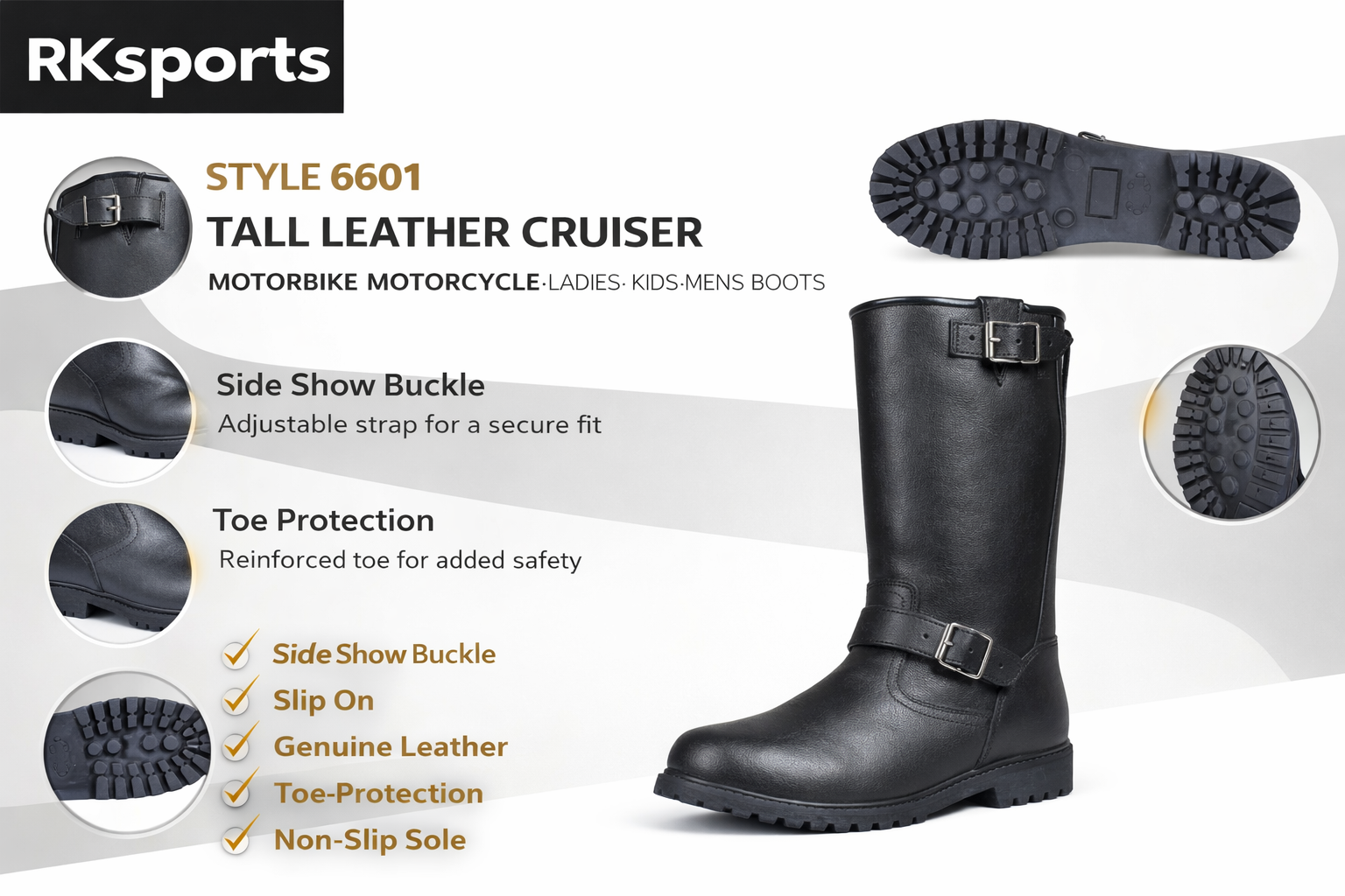 RK Sports Style 6601 Tall Cruiser Kids Motorcycle Boots