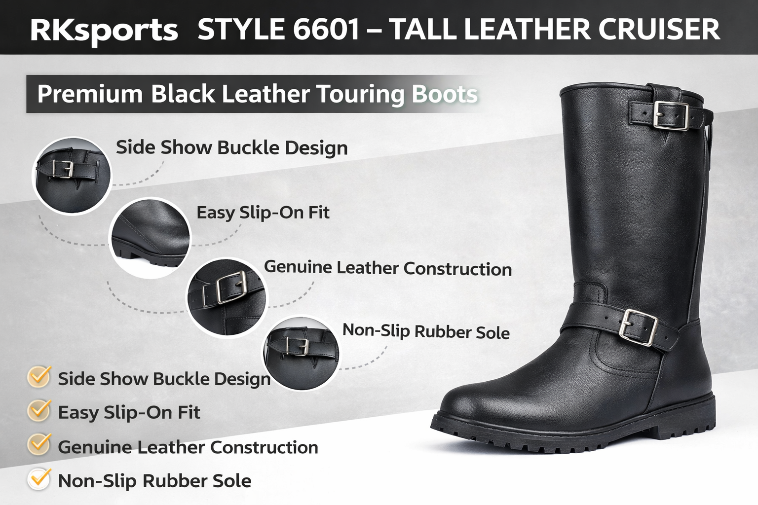 RK Sports Style 6601 Tall Cruiser Kids Motorcycle Boots