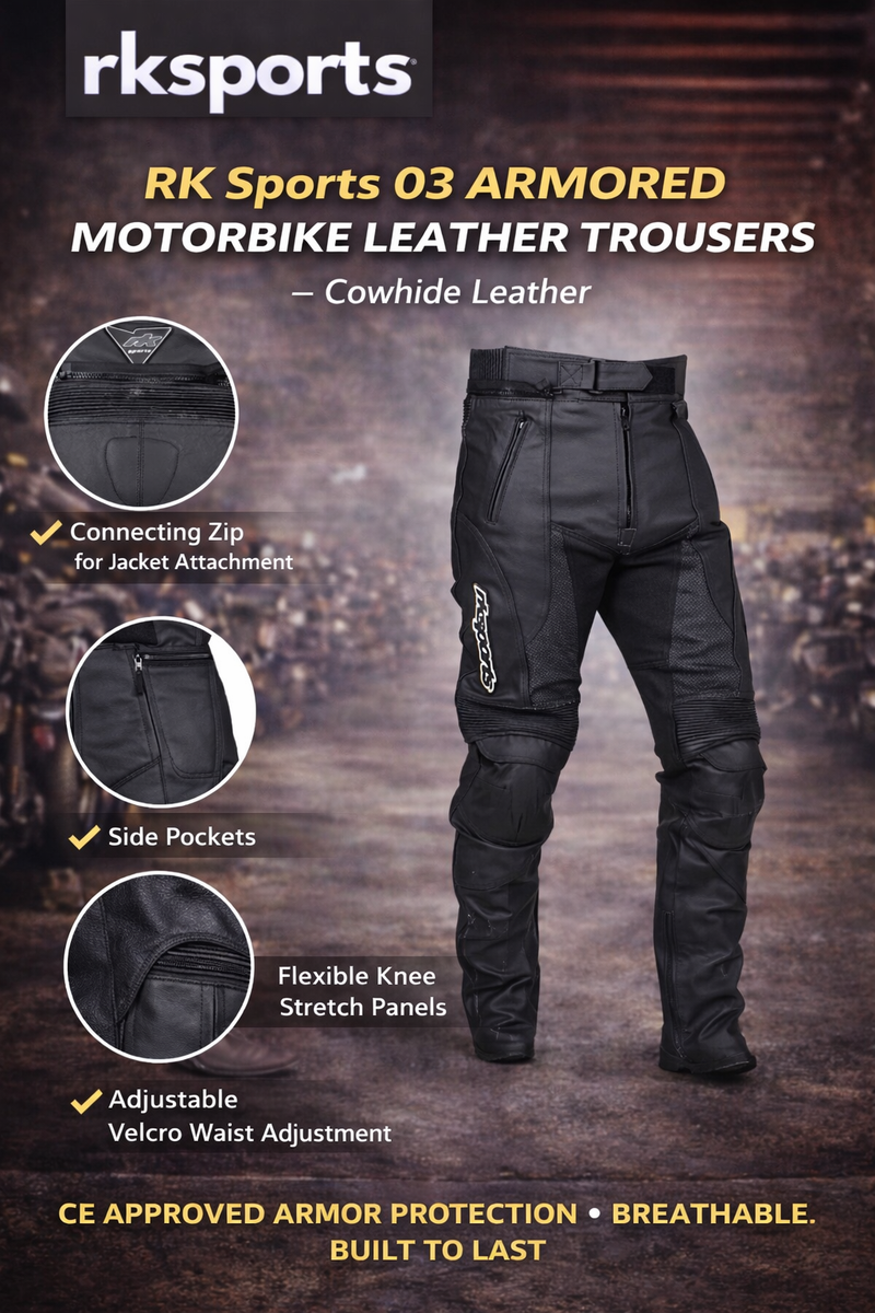 RK Sports 03 Armored Motorbike Leather Trousers –  Cowhide Leather