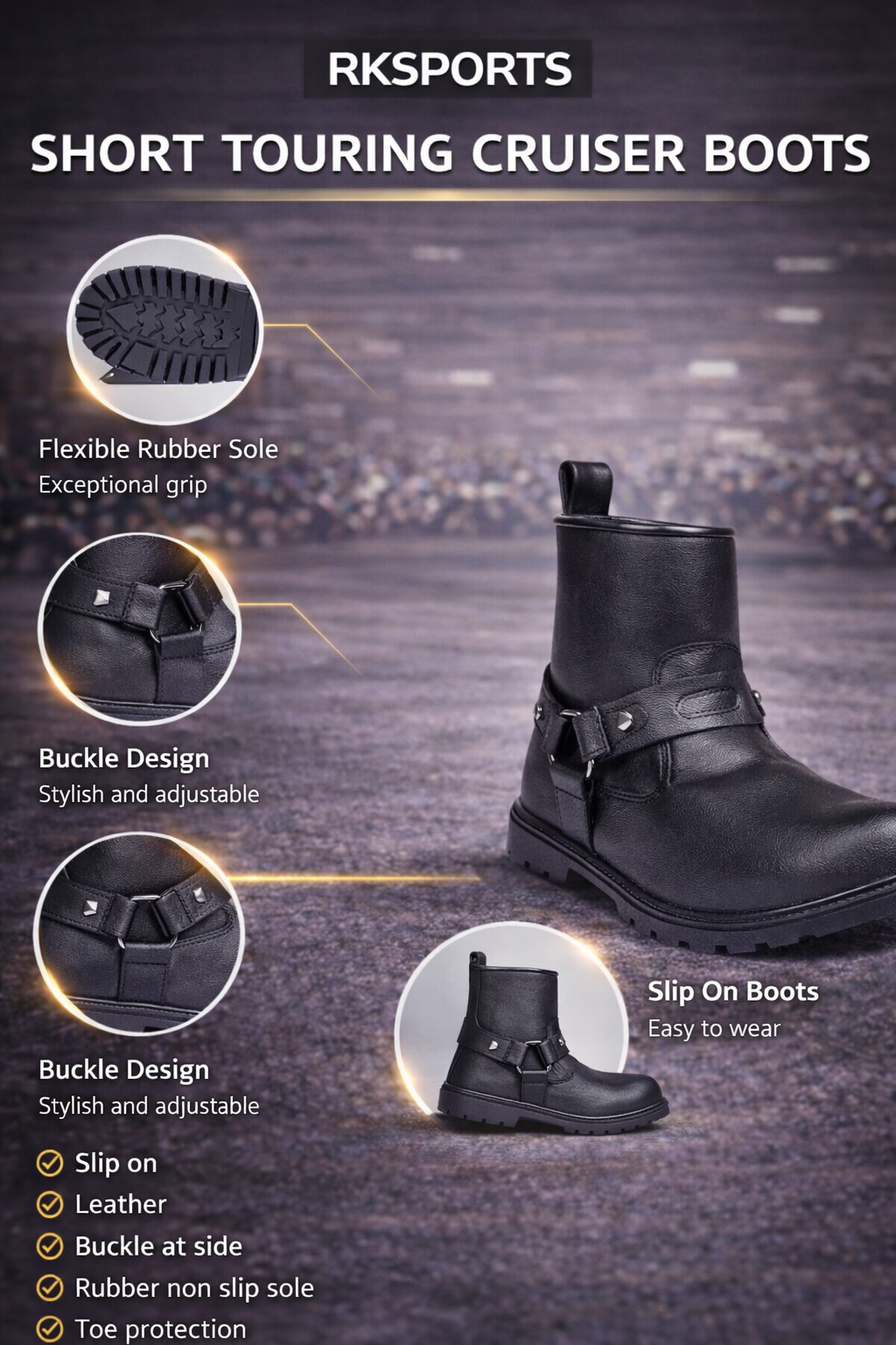 Bottes de moto cruiser en cuir RK Sports, modèle court 6606