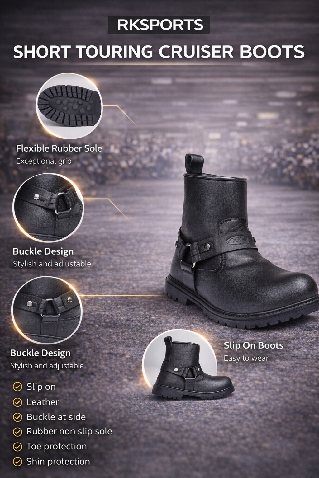 Bottes de moto cruiser en cuir RK Sports, modèle court 6606