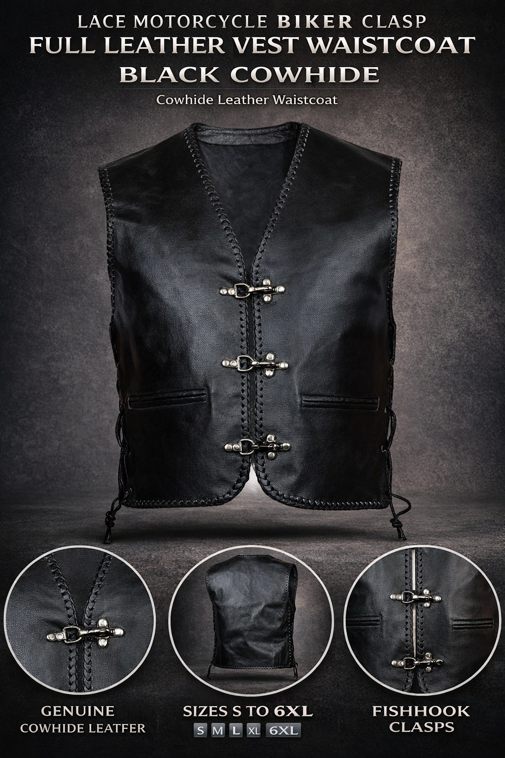Men’s Biker Leather Vest – Black Motorcycle Waistcoat Cowhide Split Buckle Lace