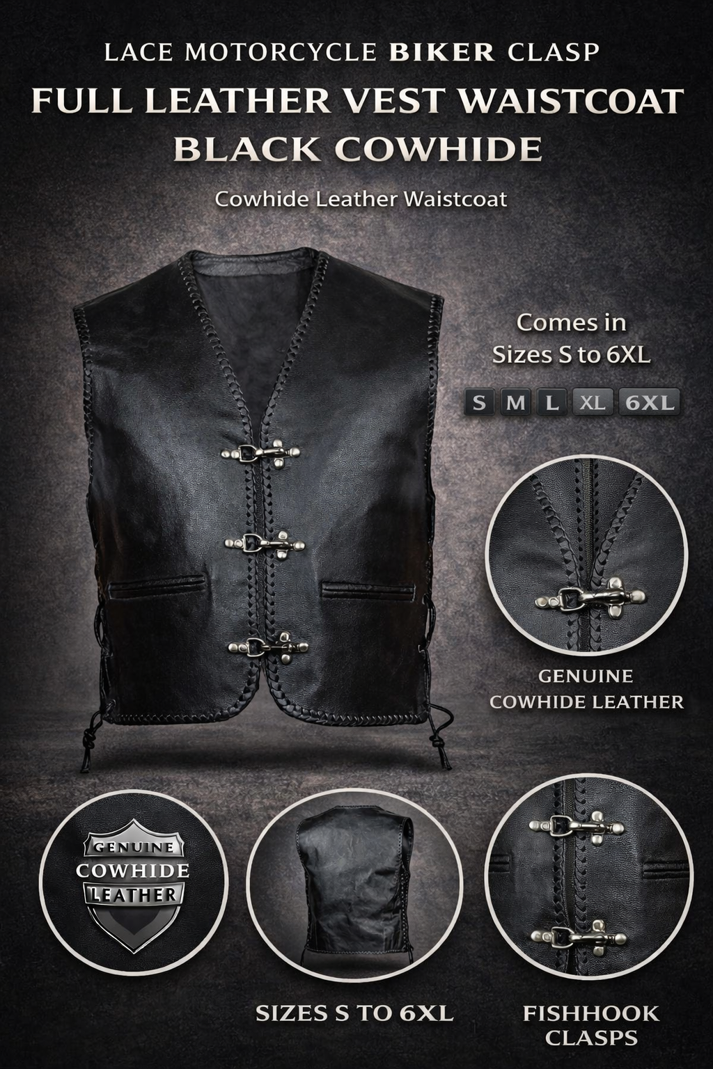 Men’s Biker Leather Vest – Black Motorcycle Waistcoat Cowhide Split Buckle Lace