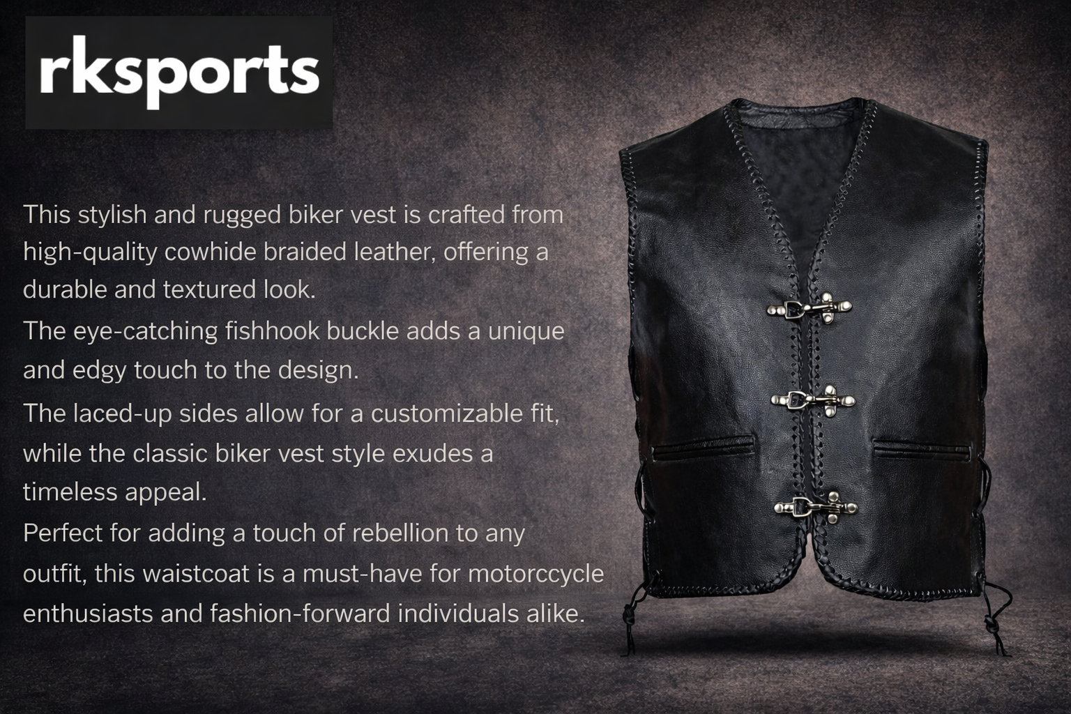 Men’s Biker Leather Vest – Black Motorcycle Waistcoat Cowhide Split Buckle Lace