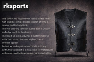 Men’s Biker Leather Vest – Black Motorcycle Waistcoat Cowhide Split Buckle Lace