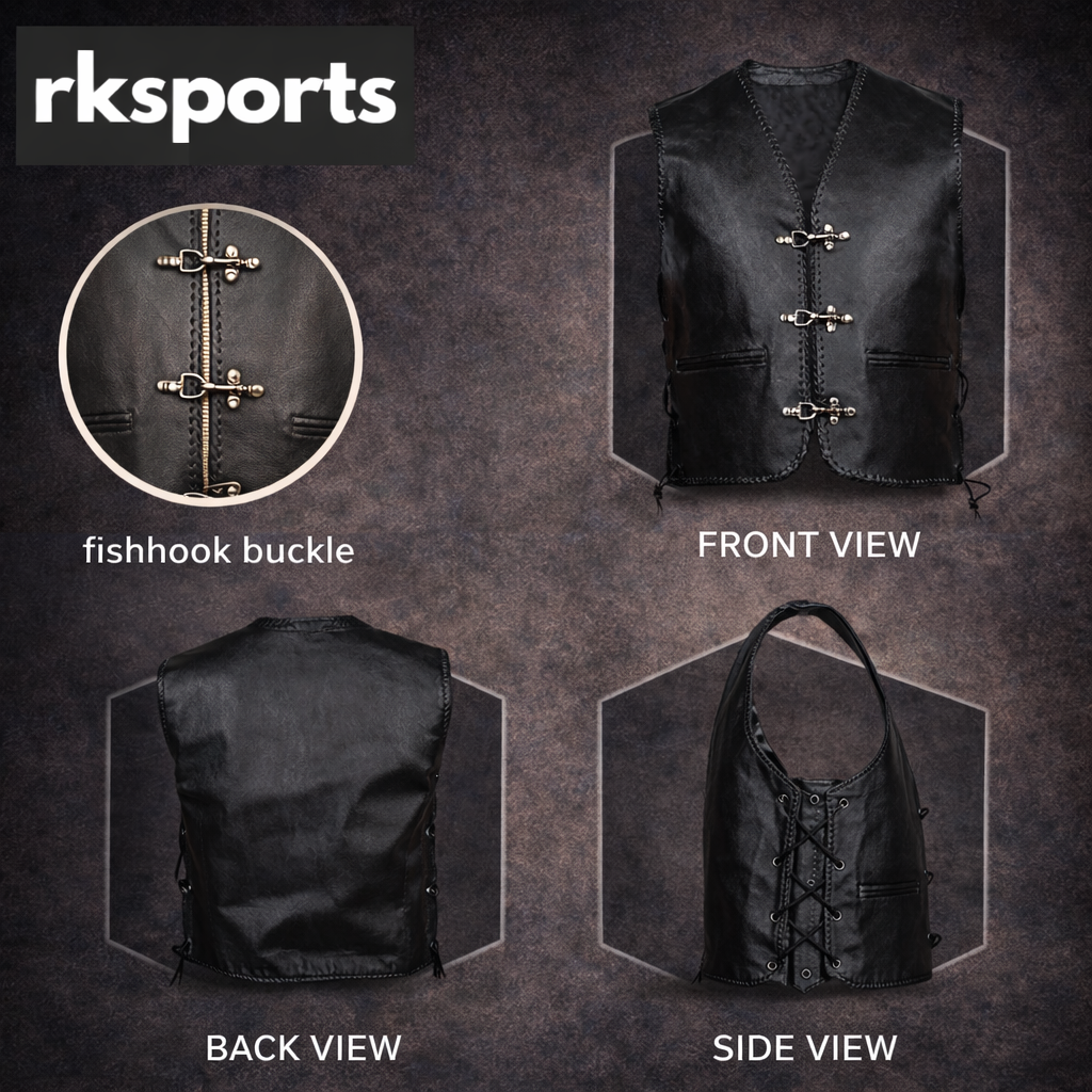 Men’s Biker Leather Vest – Black Motorcycle Waistcoat Cowhide Split Buckle Lace