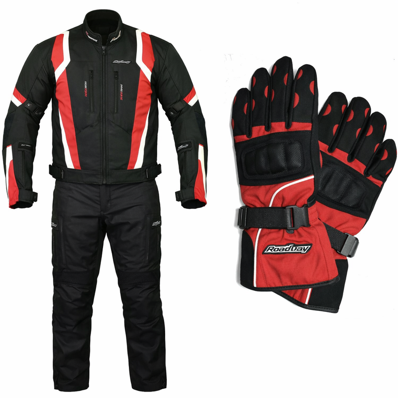 RKSports 1509 textile Motorbike Waterproof Red Suit Gloves Trousers Jacket CE Mens