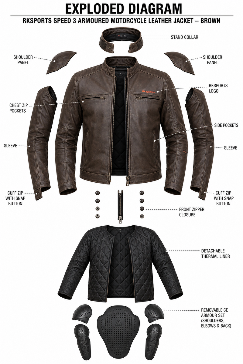 RKSports speed 3 Armoured Motorcycle motorbike  leather jacket Brown