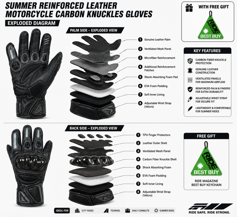 Summer Reinforced Leather Motorcycle Motorbike Carbon Knuckles Gloves