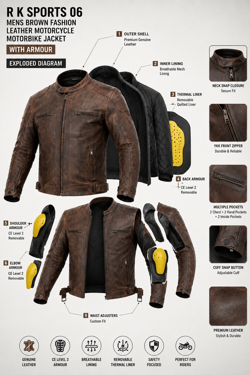 Rksports 06 Mens Brown Fashion Leather Motorcycle Motorbike Jacket with Armour