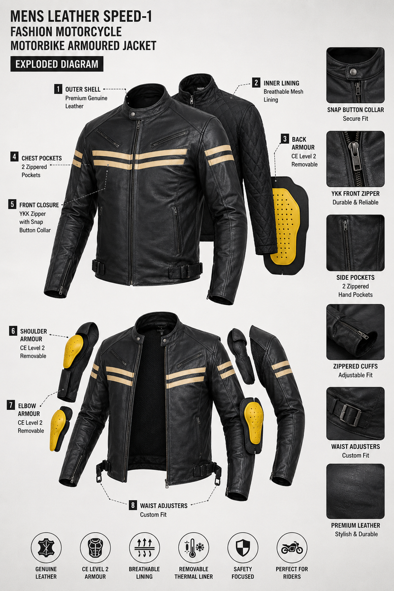 Mens Leather Speed-1 Fashion Motorcycle Motorbike Armoured Jacket