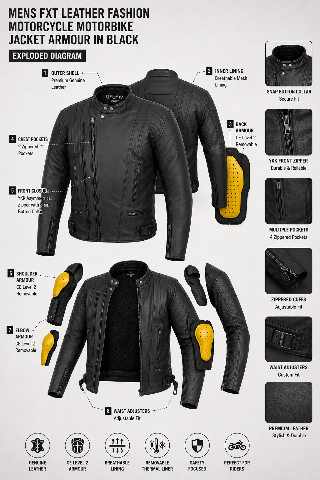Mens FXT Leather Fashion MOTORCYCLE MOTORBIKE JACKET ARMOUR IN BLACK
