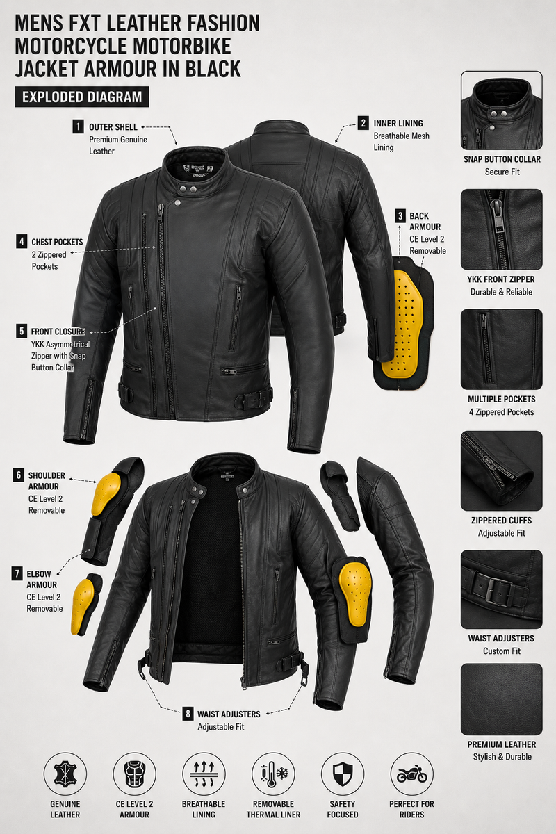 Mens FXT Leather Fashion MOTORCYCLE MOTORBIKE JACKET ARMOUR IN BLACK