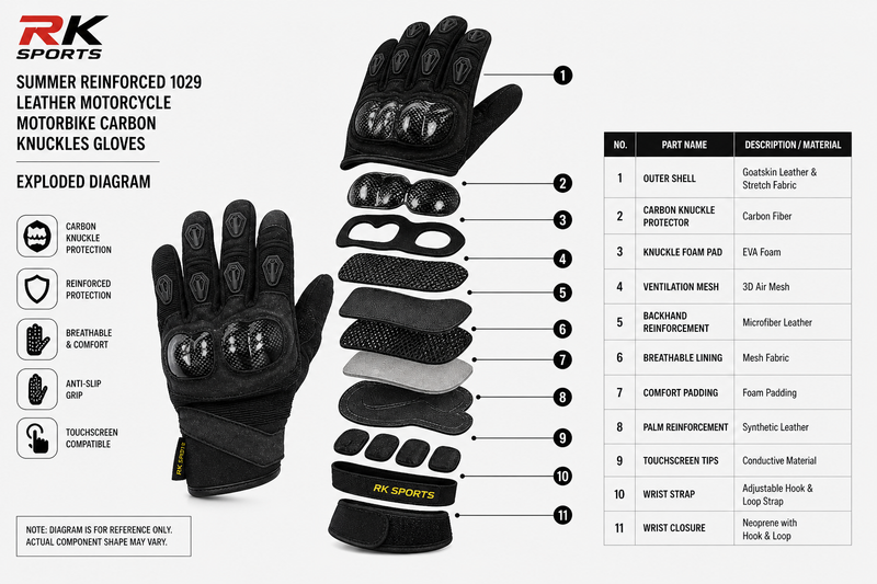 Summer Reinforced 1029 Leather Motorcycle Motorbike Carbon Knuckles Gloves
