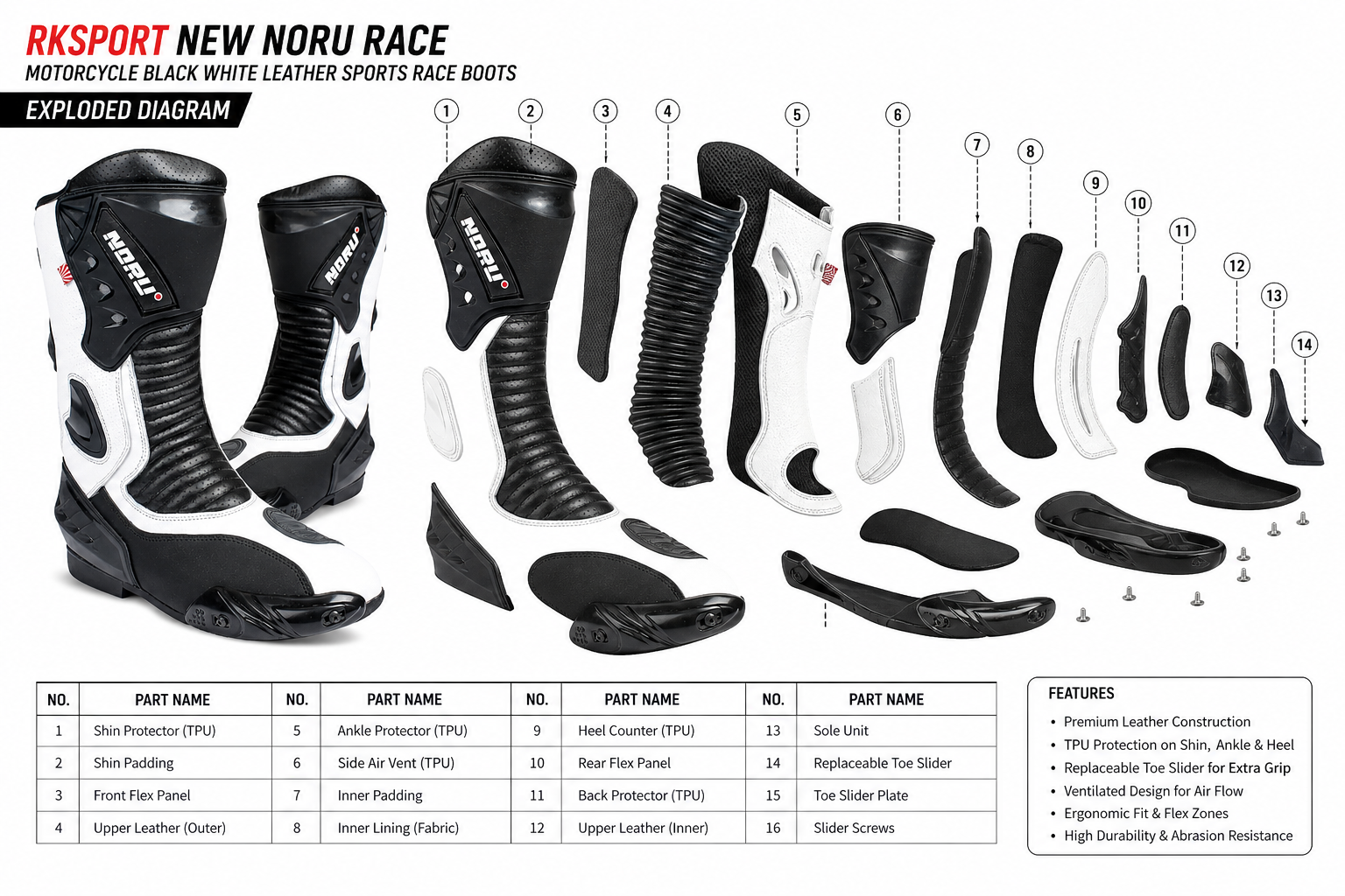 Bottes de moto de course en cuir RK Sports Leather New Noru Race Sports