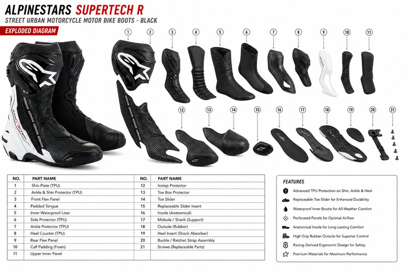 Alpinestars Supertech R Boots Motorbike Motorcycle Sports Track Race Black White