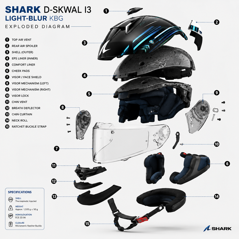 Shark D-Skwal I3 -  Light-Blur KBG Full Face Moto Motorcycle Helmet