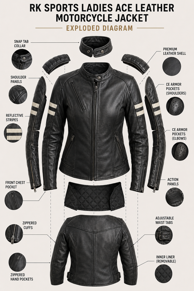 RK Sports Ladies Ace Leather Motorcycle Jacket – Premium Protection & Style