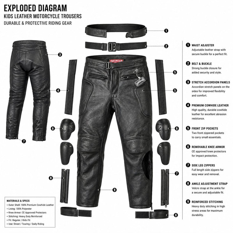 Kids Leather Skin Motorcycle Trousers – Durable & Protective Riding Gear