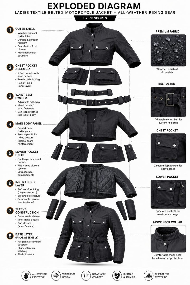 Ladies Textile Belted Motorcycle Jacket – All-Weather Riding Gear by RK Sports