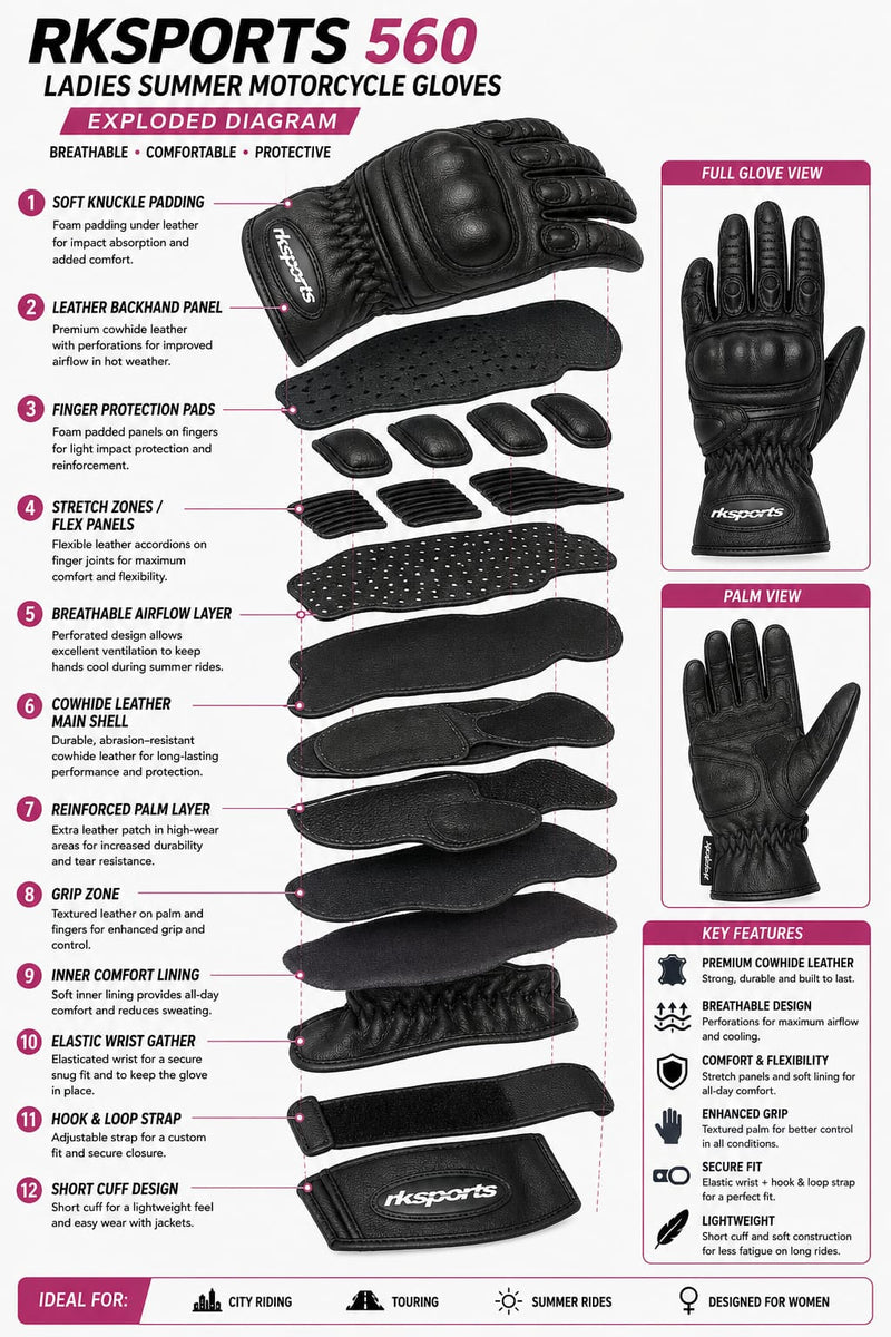 RKSports 560 Ladies Summer Motorcycle Gloves – Breathable Cowhide Leather