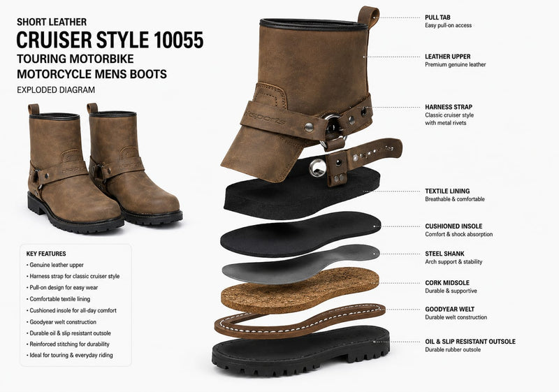 SHORT LEATHER CRUISER STYLE 10055 TOURING MOTORBIKE MOTORCYCLE MENS BOOTS