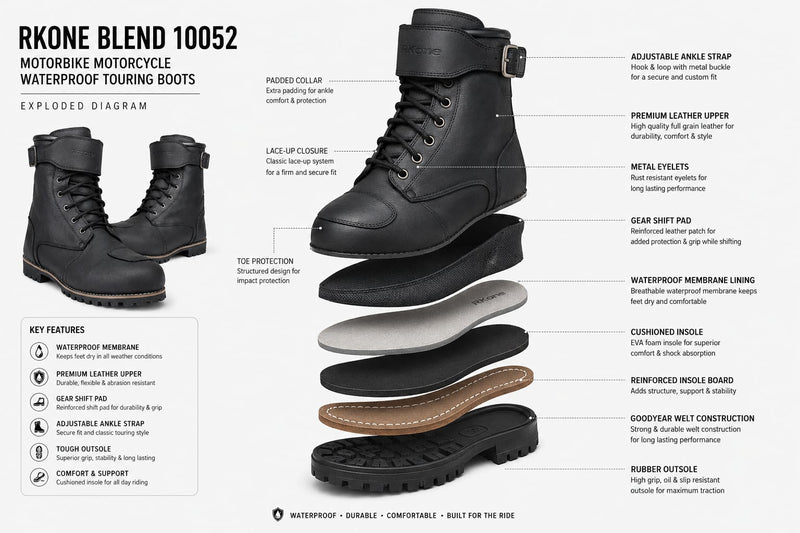 RKone Blend 10052 Motorbike Motorcycle Waterproof Touring Boots |Black and Brown