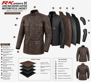 Blouson long en cuir pour homme moto RK Sports