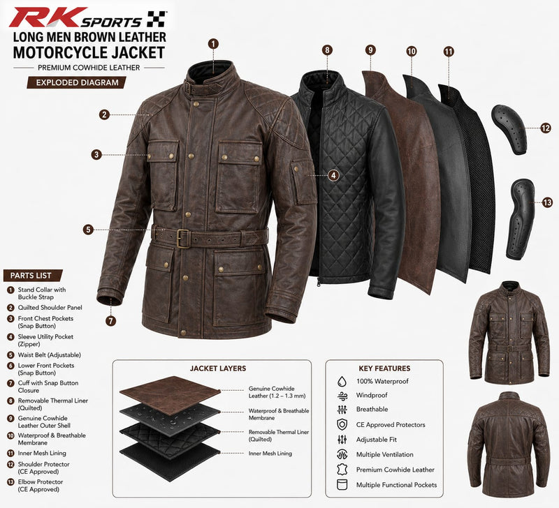 Blouson long en cuir pour homme moto RK Sports