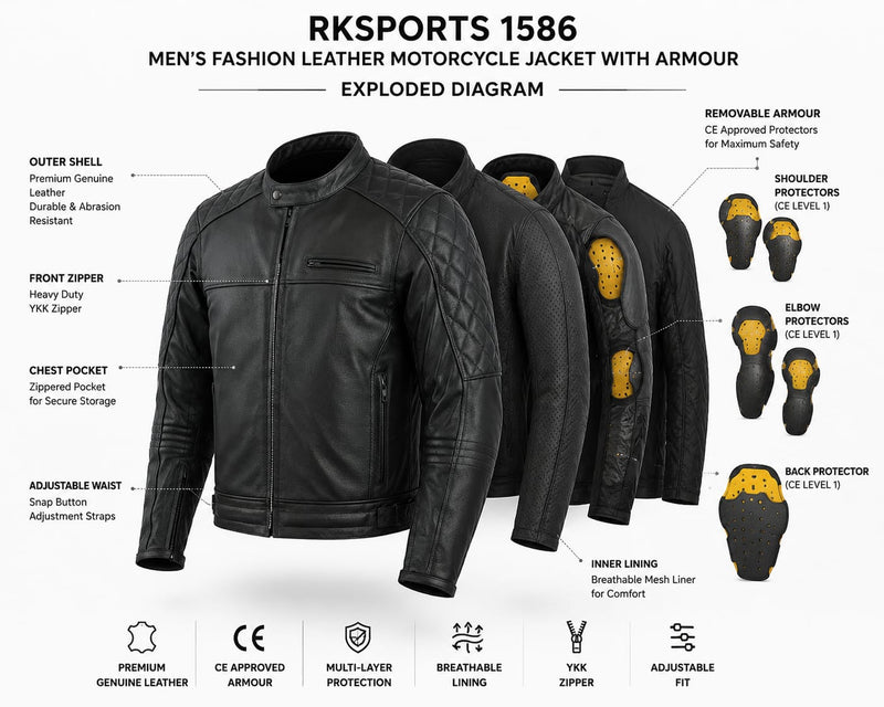 Rksports 1586 Mens Fashion Leather Motorcycle motorbike Black Jacket with Armour