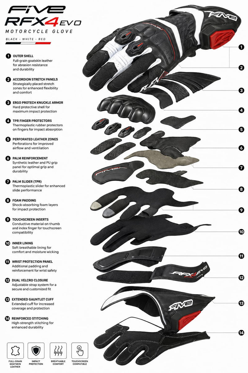 Five RFX4 Evo Motorcycle Glove Black-White-Red
