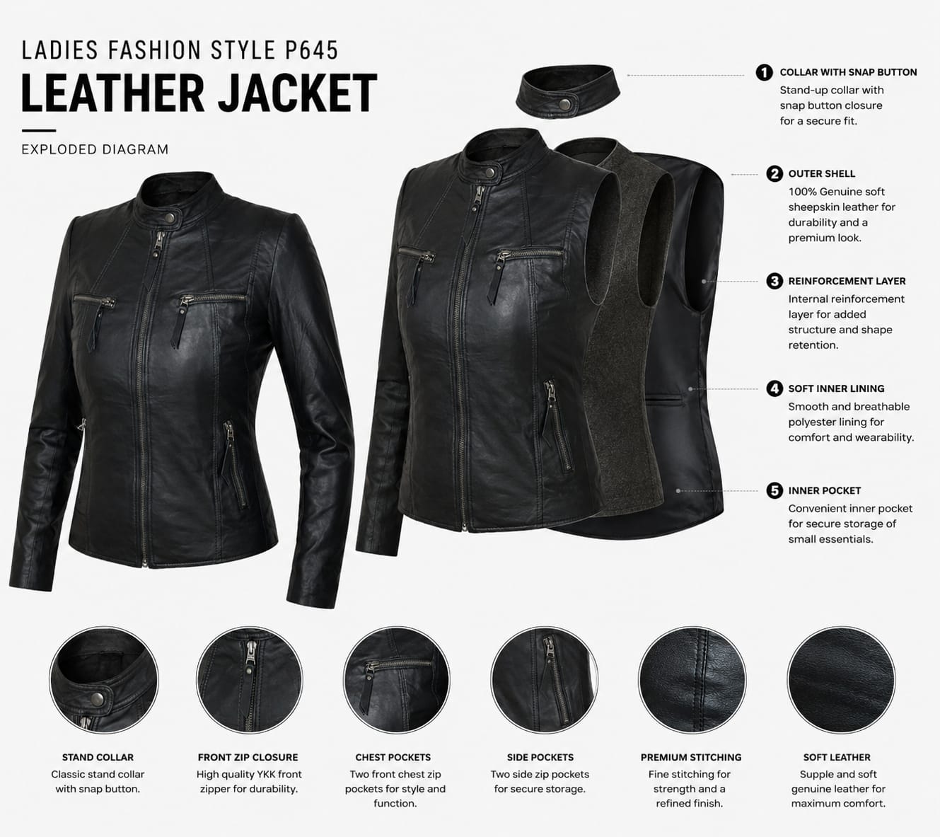 Blouson de moto Proto Style P645 souple en cuir véritable haute qualité