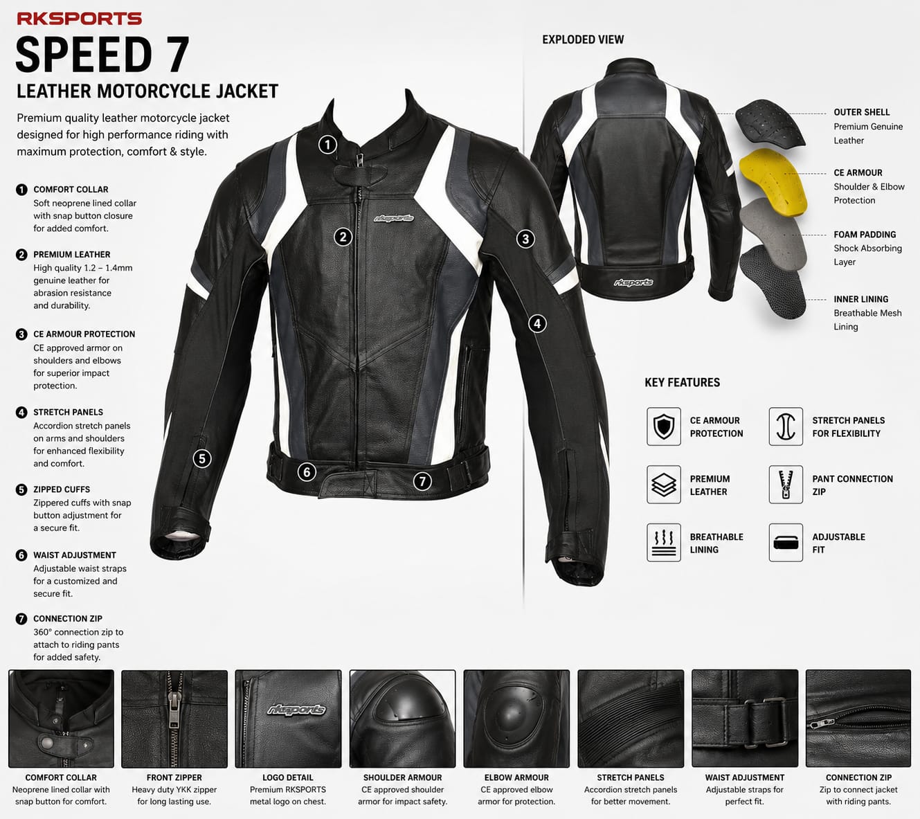 Blouson de moto en cuir Speed 7 de RK Sports