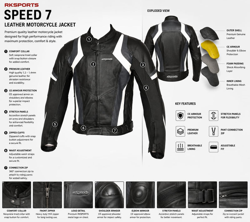 Rksports Mens Speed 7 biker Leather Motorcycle Armoured  Jacket