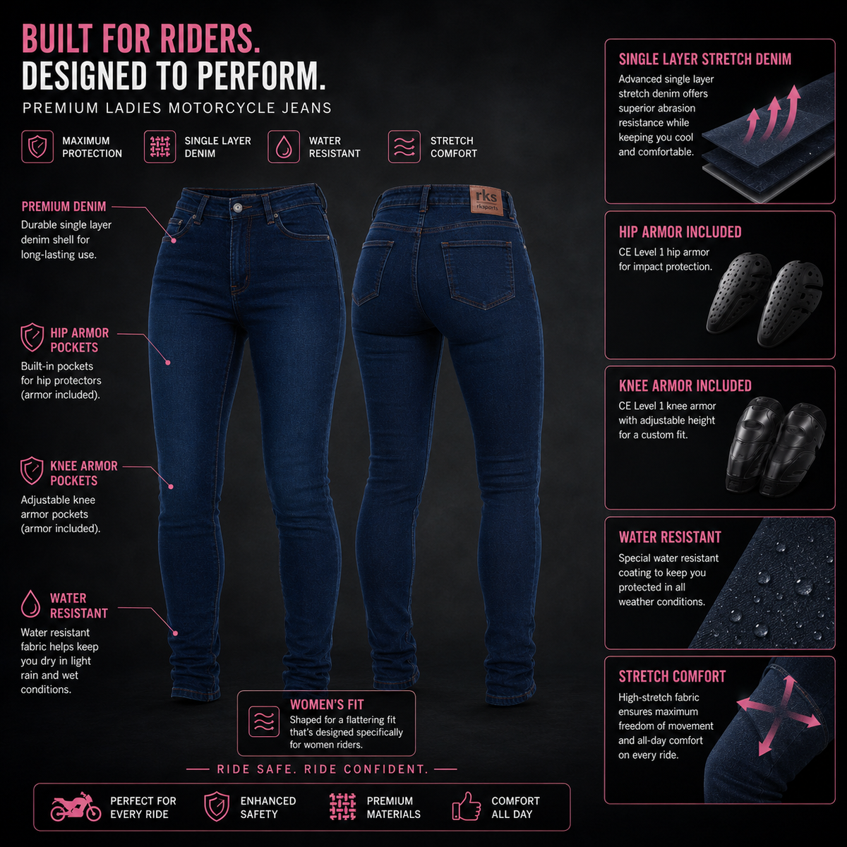RK Sports Ladies Original A Rated Motorcycle Denim Armoured Jeans